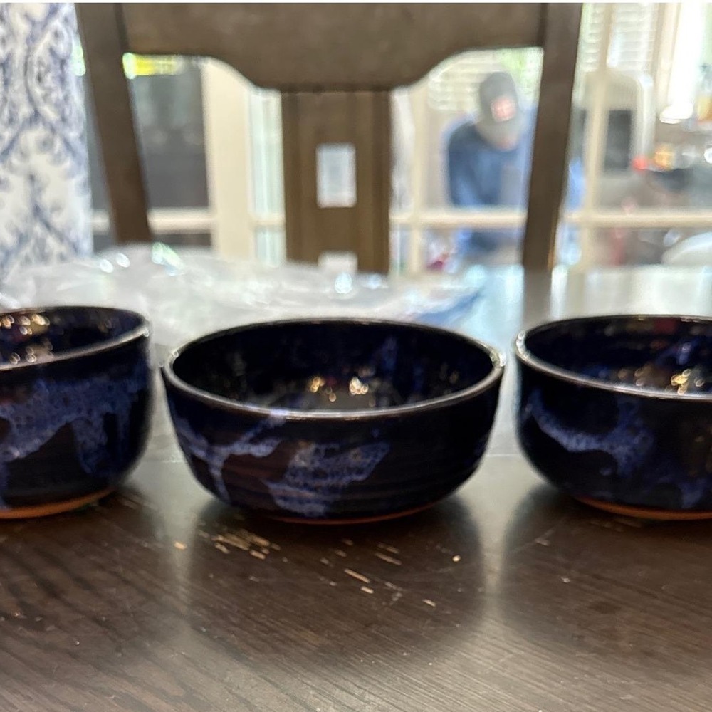 Handmade Studio Pottery Cobalt Blue Glazed Bowls Set of 3 Signed Artisan Ceramic